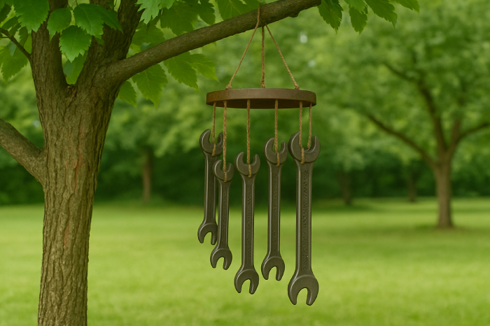 Old wrenches repurposed as a wind chime
