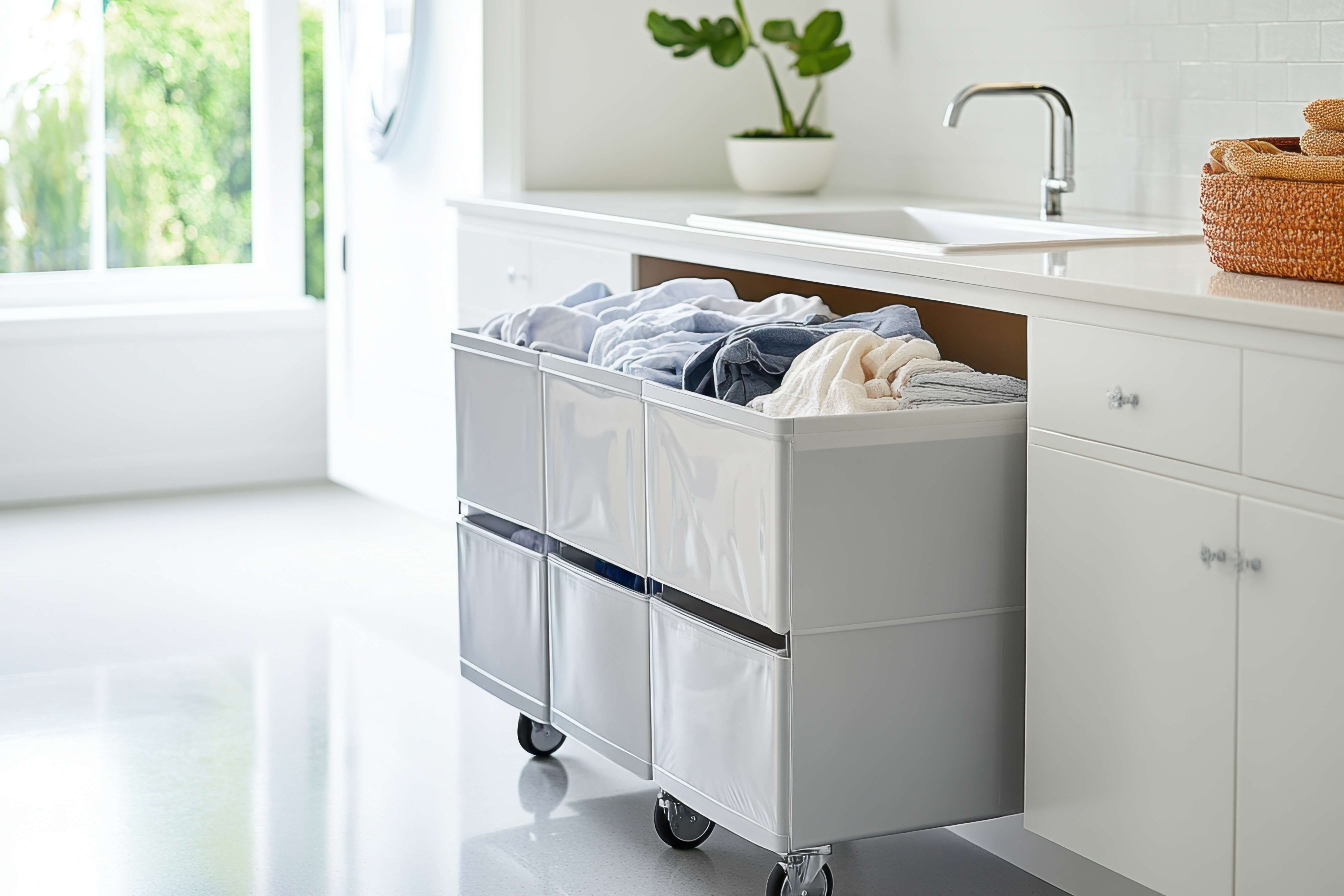 Freshly cleaned bedding and clothing in laundry hampers to avoid bed bugs