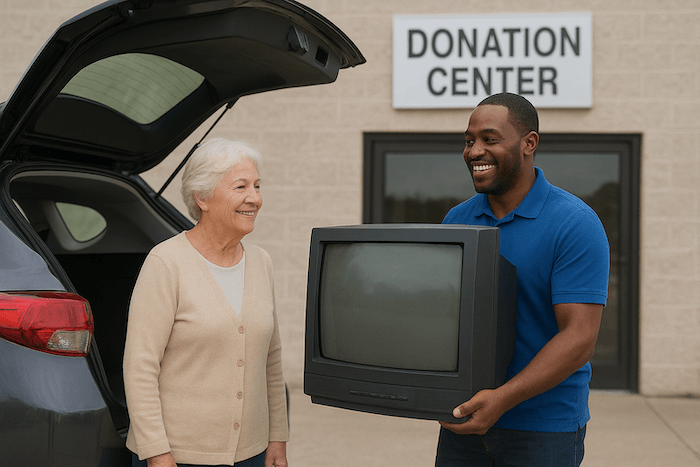 A photo of a lady donating her old tv to a donation center