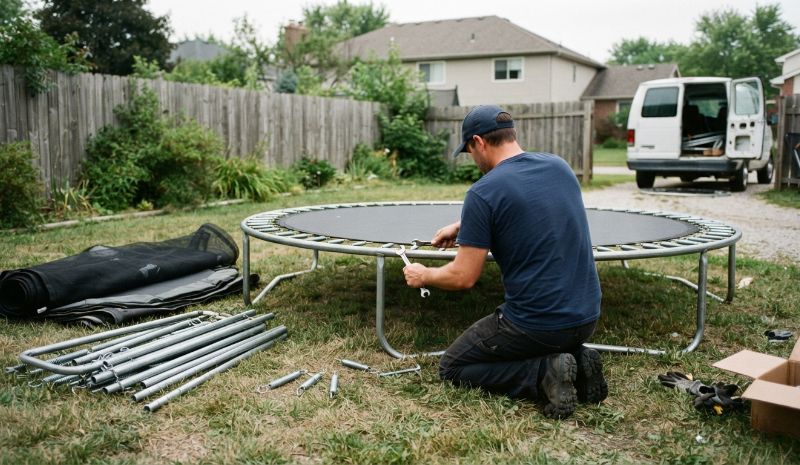 An old trampoline being disassembled for removal in a backyard