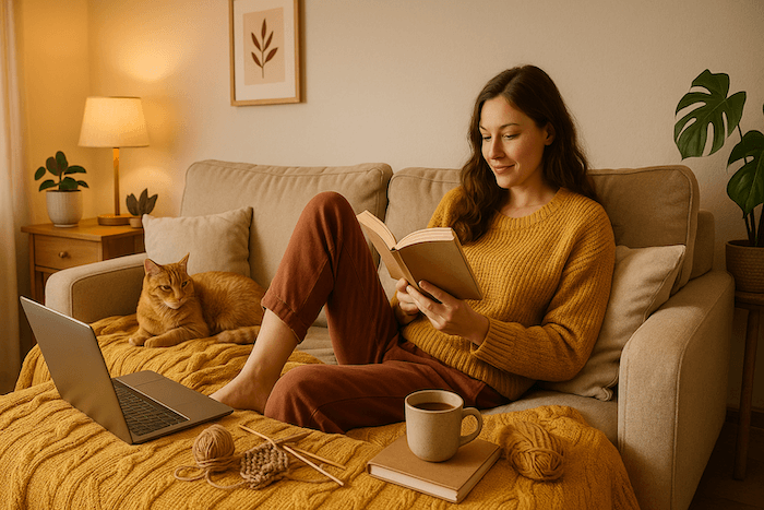Woman sitting on couch reading a book with an orange cat next to her