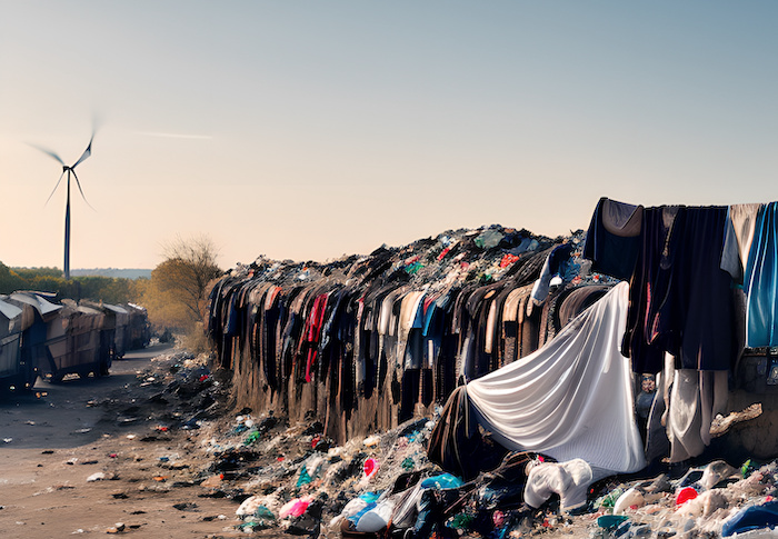 Old clothing piled up in a landfill due to fashion waste