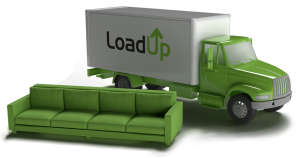 Old bulky couch next to a LoadUp Junk Removal truck ready for professional removal