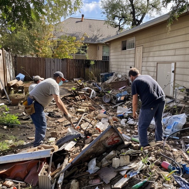 Two junk removal professionals cleaning up debris