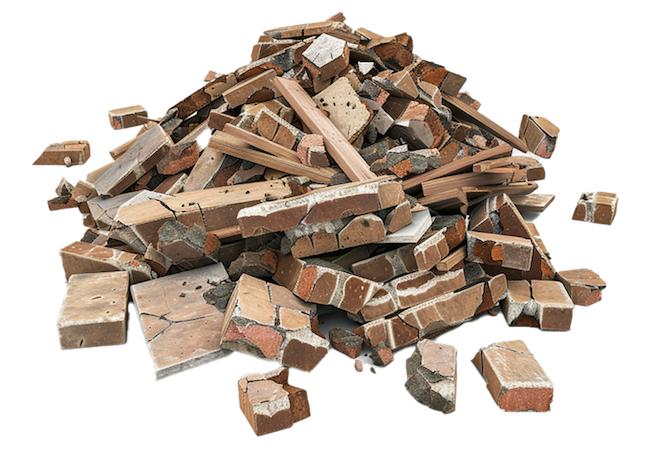 Piled up wood, brick, and metal debris
