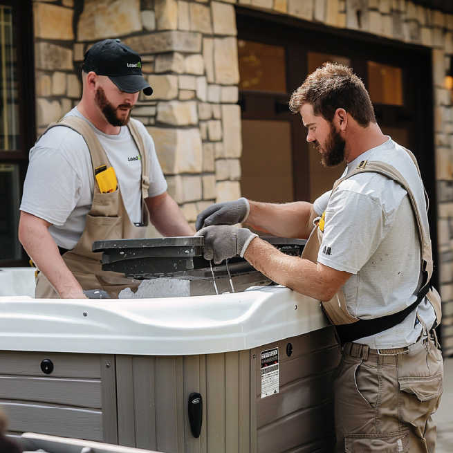 Professionals taking apart and removing a hot tub