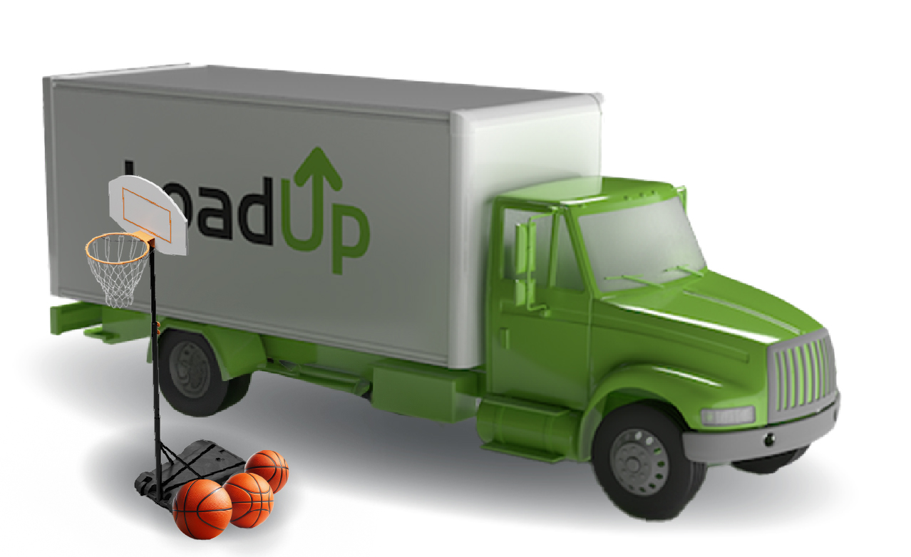 Cartoon LoadUp truck with a basketball hoop and basketballs next to it.