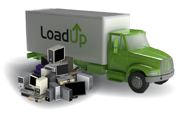 Cartoon LoadUp box truck next to a pile of electronics that need to be disposed of.