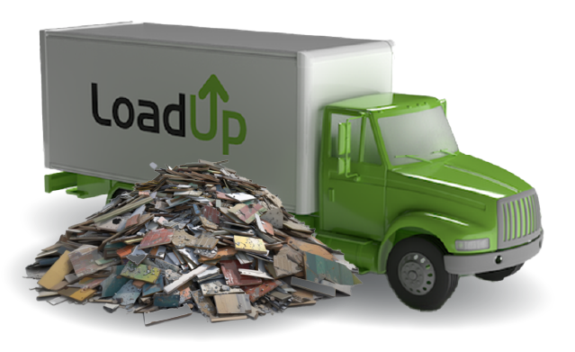 LoadUp box truck with a pile of building material waste ready for removal.