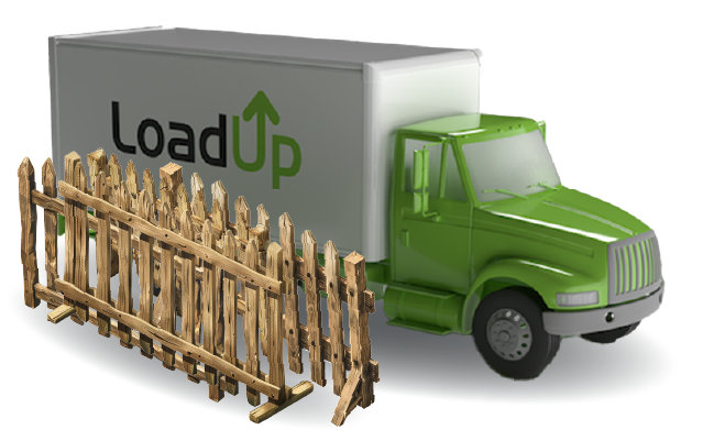 Cartoon 3D LoadUp truck next to wooden fencing to be picked up for disposal.