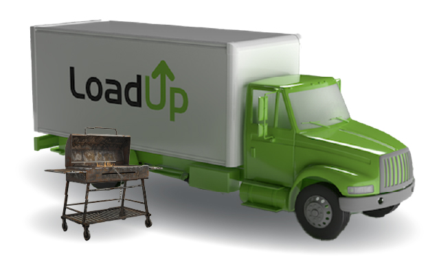 Cartoon 3D LoadUp truck picking up a grill for disposal.