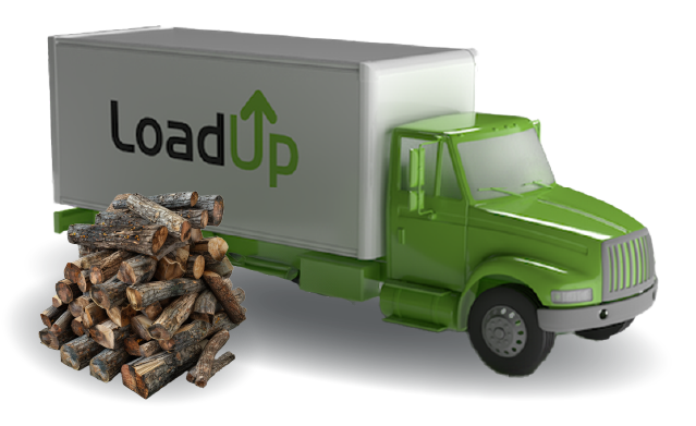 Pile of old firewood next to a LoadUp box truck ready for removal.