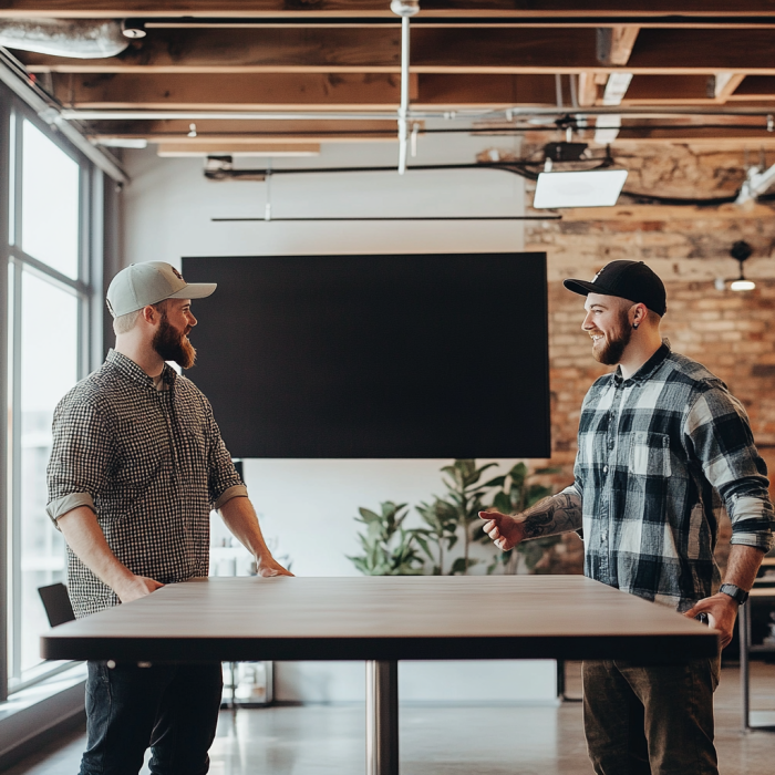 junk removal professional hauling away a conference table for a happy customer