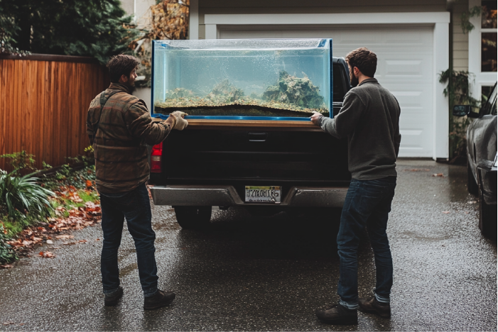 Junk removal professionals hauling away an aquarium for a happy customer