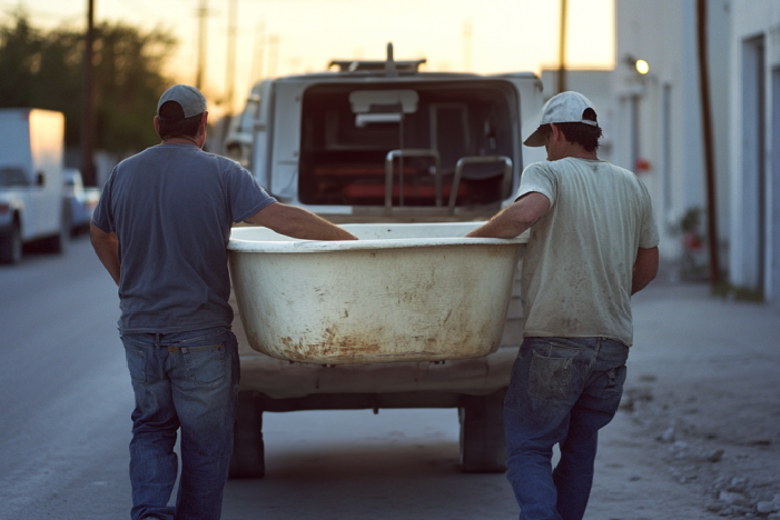 junk removal professionals hauling away a bathtub for a happy customer