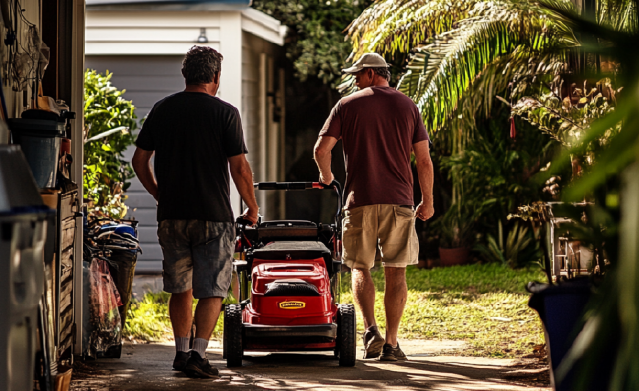 Professionals removing lawn mower