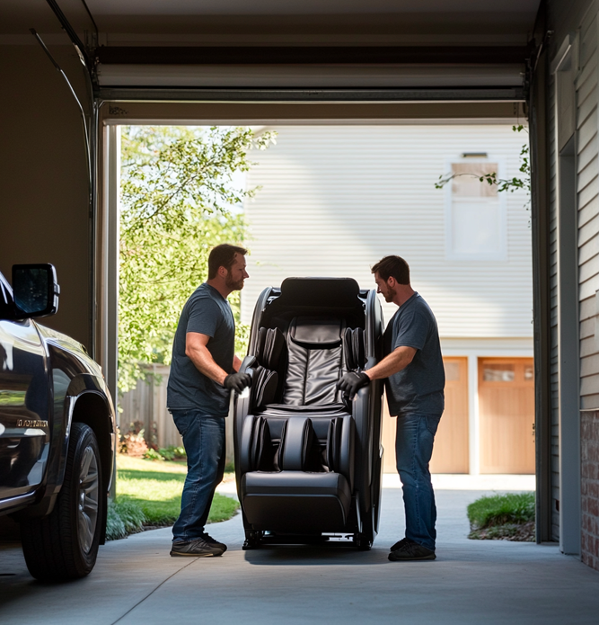 Professionals removing a massage chair