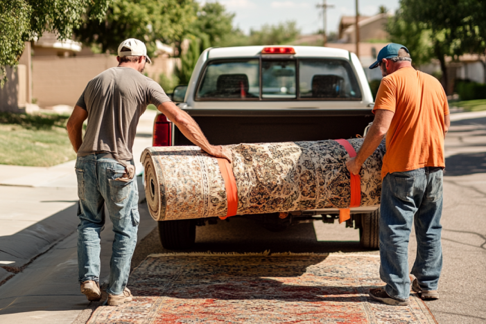 junk removal professional hauling away an area rug for a happy customer