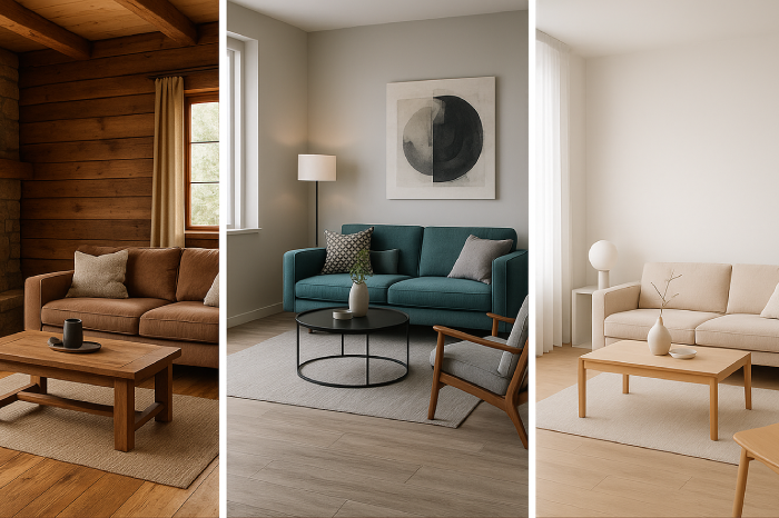 Three different images side by side comparing different types of flooring