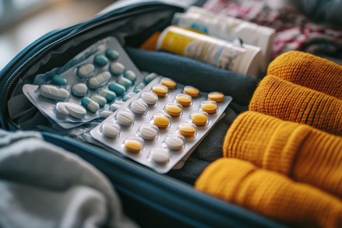 suitcase bag packed with essentials such as medication, socks, underwear, etc.