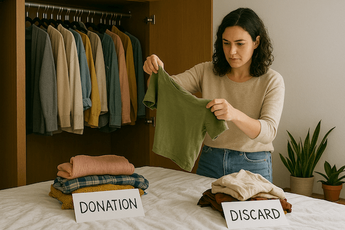 Woman sorting clothes on her bed to create a minimalist wardrobe