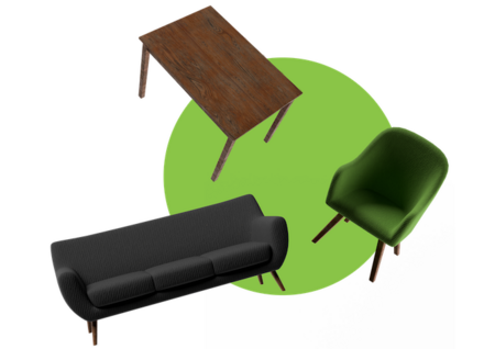 3D illustration of a table, couch, and chair ready for donation pickup and delivery