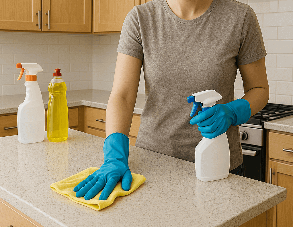 Homeowner deep cleaning a kitchen by wiping counters and cabinets to prepare for staging.