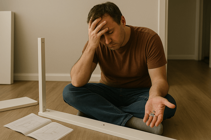 Frustrated homeowner struggling with DIY furniture assembly and missing parts.