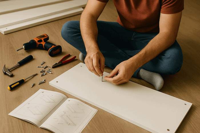 DIY furniture assembly with tools and instructions spread on the floor.