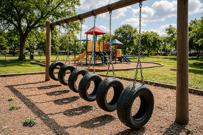 Repurposed tires used as playground swings