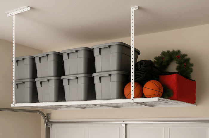 Overhead storage racks with bins and sports gear organized in a clean garage.