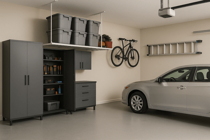 Organized garage with cabinets, wall-mounted bike and ladder racks, overhead storage bins, and a parked car.