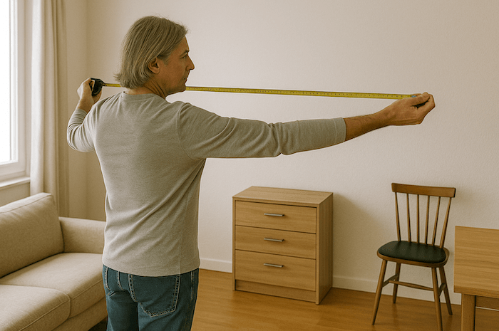 Middle-aged man measuring a room with a tape measure.