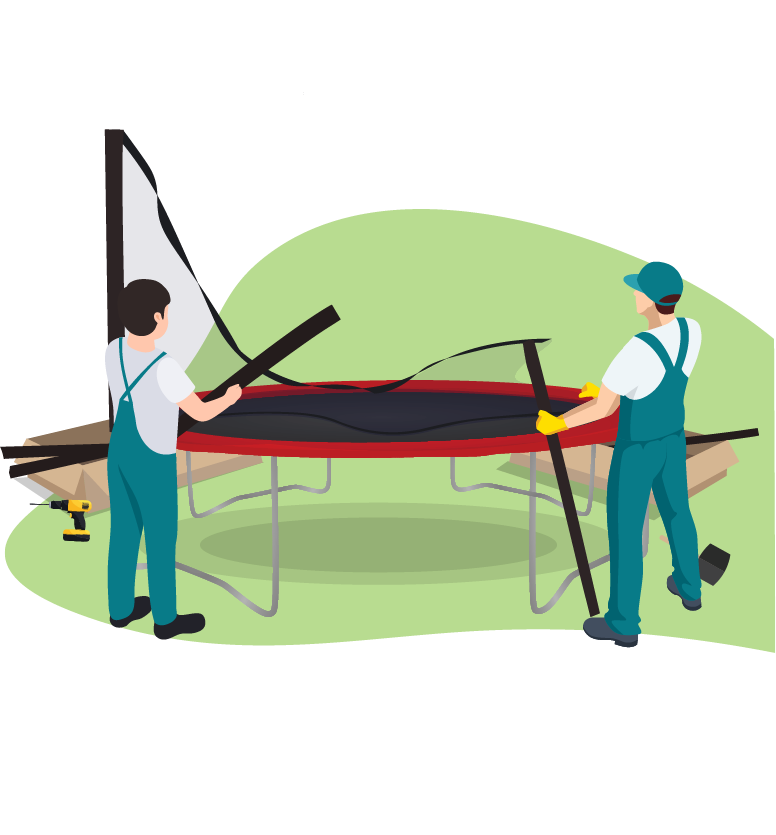 Illustration of two professional handymen assembling a trampoline