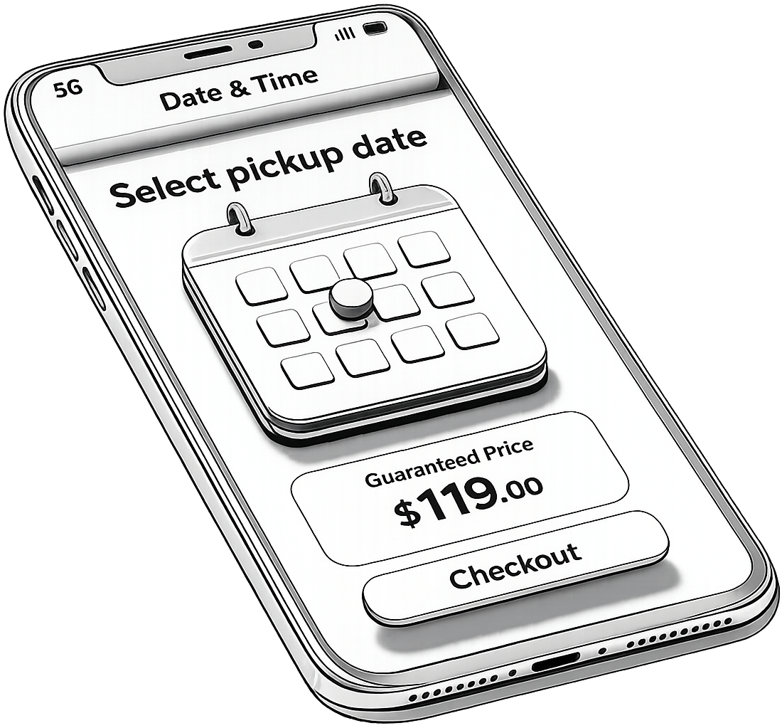 LoadUp mobile booking showing guaranteed upfront pricing and date selection