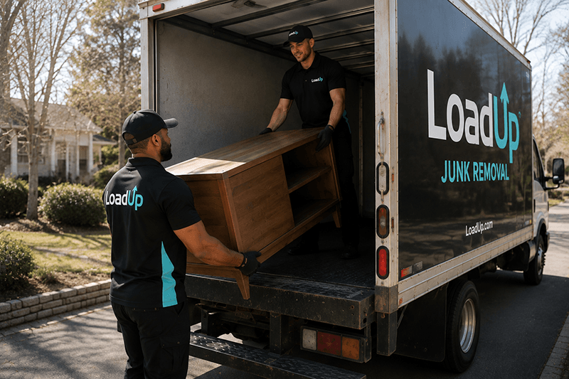 Two loaders loading furniture into a box truck