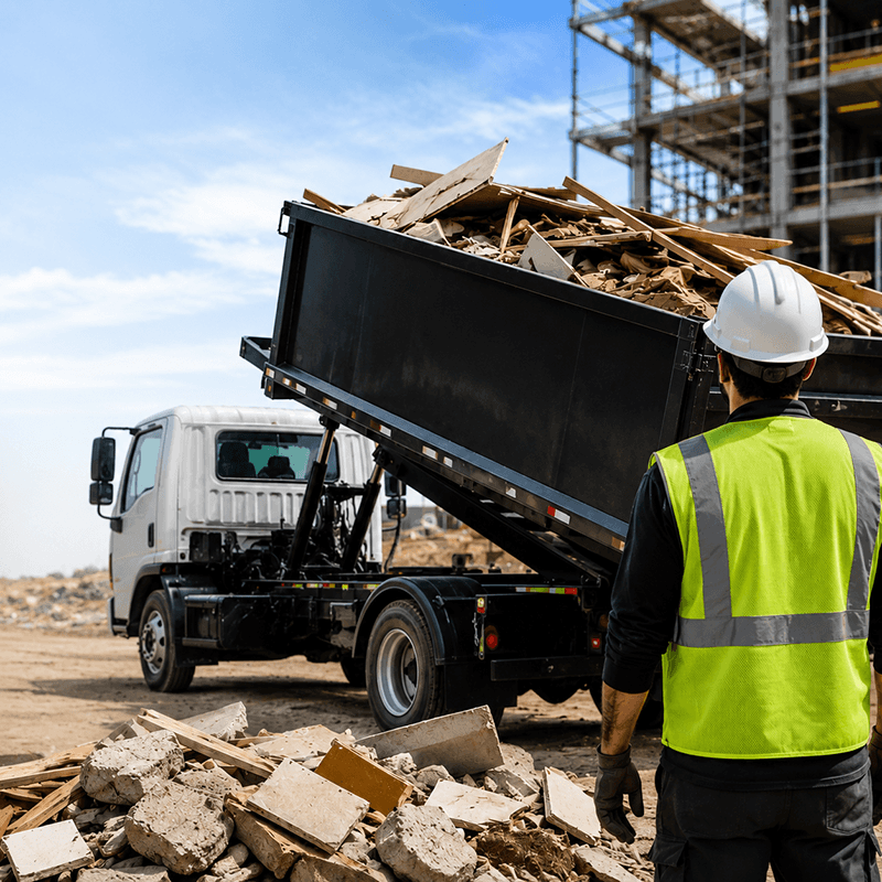A dump truck removing debris from a construction site