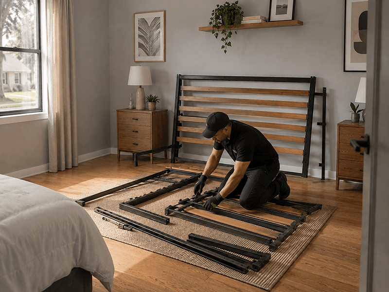 Loader disassembling a bed frame
