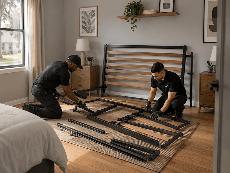 Two loaders disassembling a bed frame