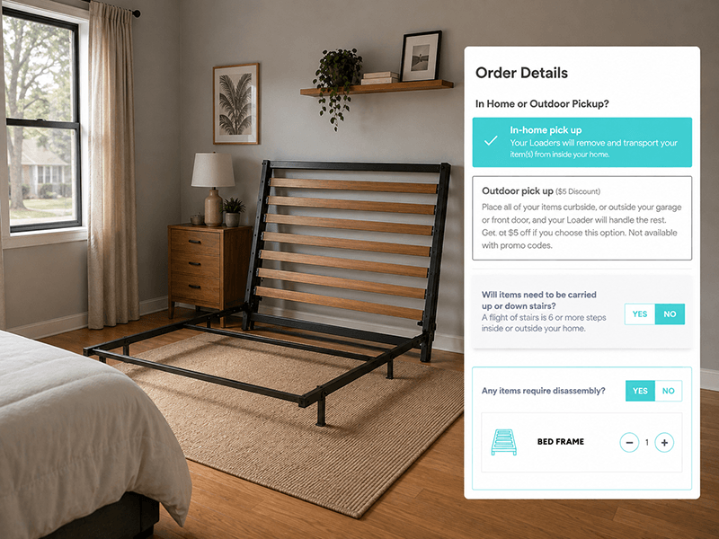 Room with a bed frame ready to be disassembled with the disassembly booking option inset