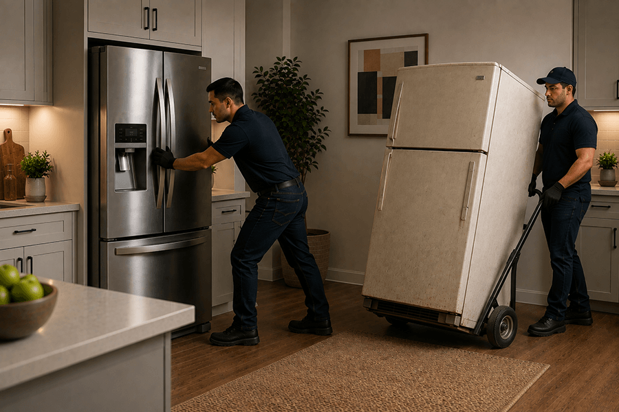 One loader installs a new refrigerator while another loader removes the old one