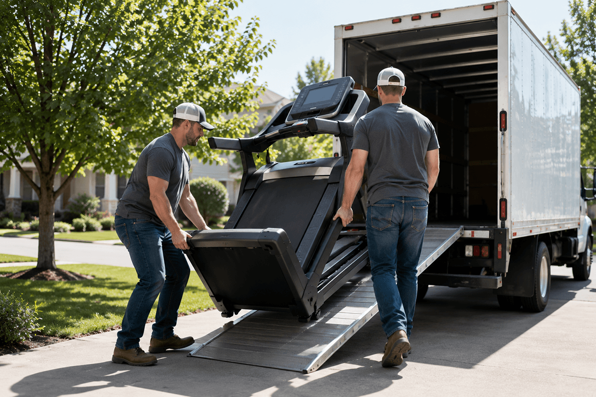 Two loaders loading exercise equipment into a box truck