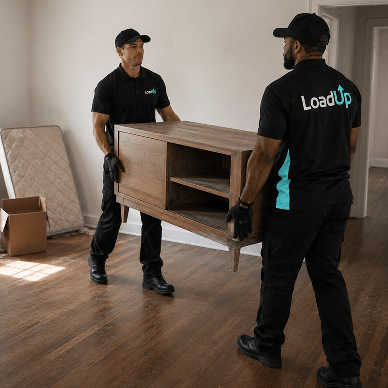 Two LoadUp Loaders removing junk inside a customers home
